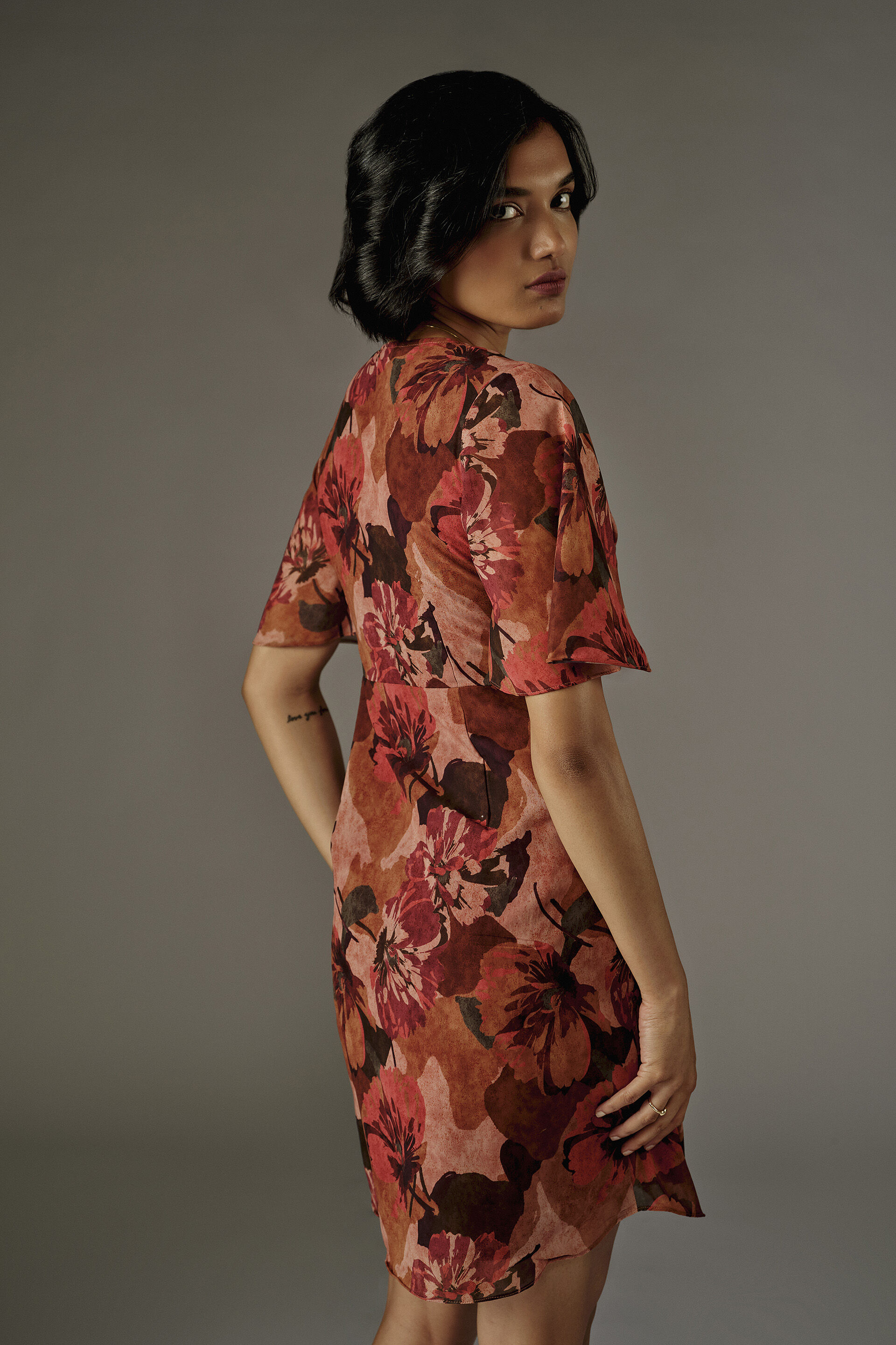 Twist Detail Floral Mini Dress in Orange, Orange, image 6